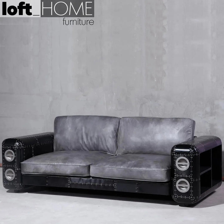 Industrial Aluminium Genuine Leather 3 Seater Sofa BLACK AIRCRAFT