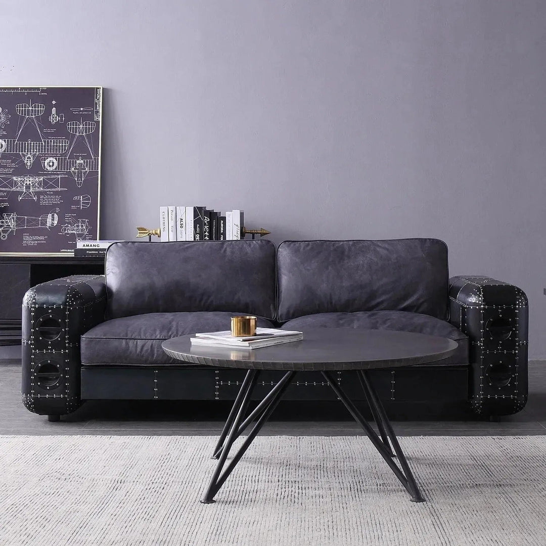 Industrial aluminium genuine leather 3 seater sofa black aircraft in real life style.