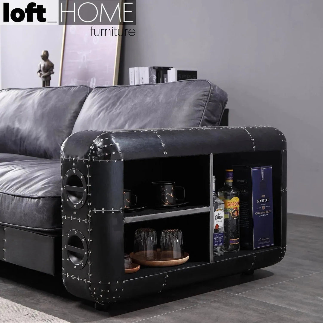 Industrial aluminium genuine leather 3 seater sofa black aircraft in details.