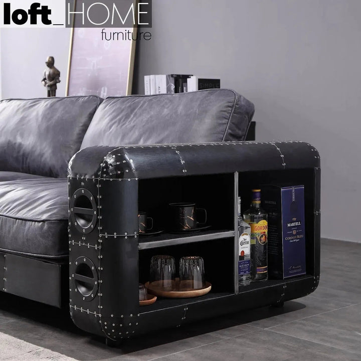 Industrial aluminium genuine leather 3 seater sofa black aircraft in details.
