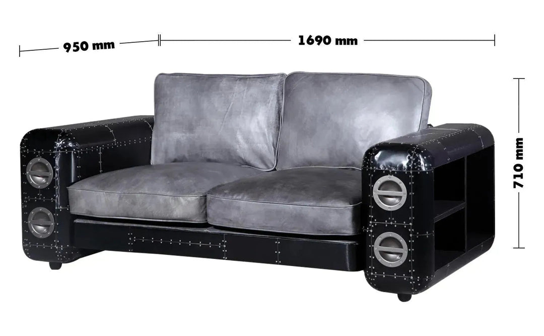 Industrial Aluminium Leather 2 Seater Sofa BLACK AIRCRAFT
