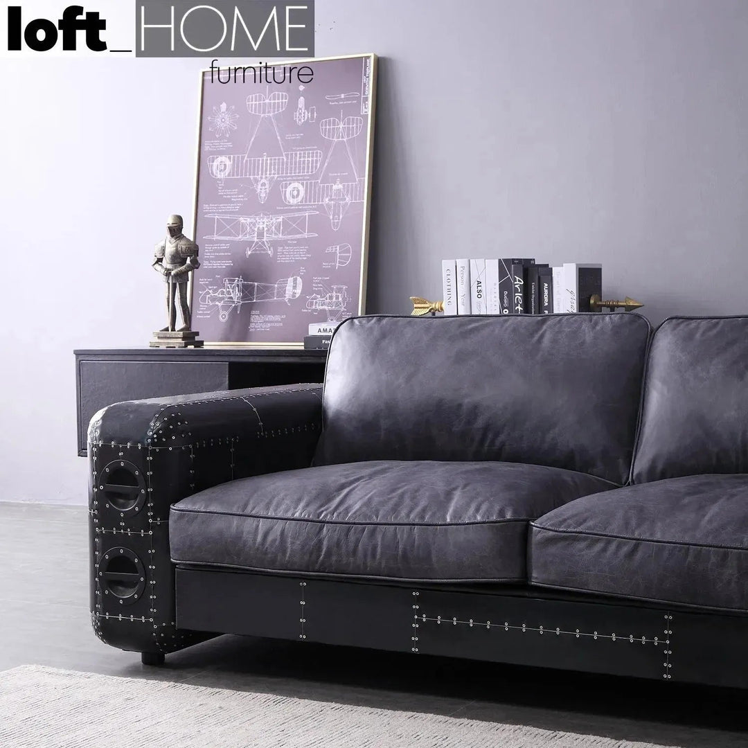 Industrial Aluminium Leather 2 Seater Sofa BLACK AIRCRAFT