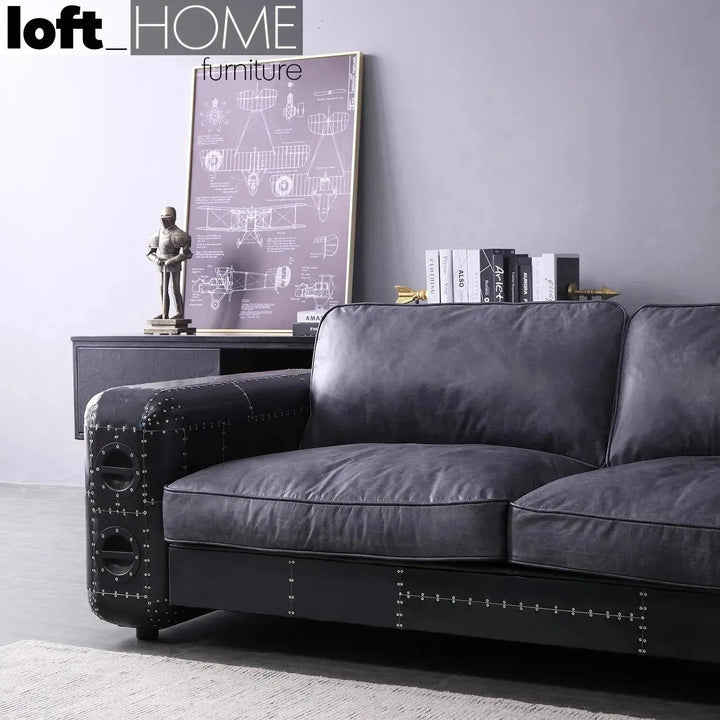 Industrial Aluminium Leather 2 Seater Sofa BLACK AIRCRAFT