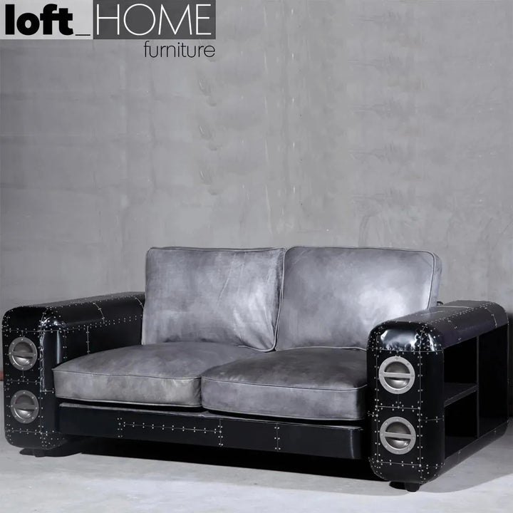 Industrial Aluminium Leather 2 Seater Sofa BLACK AIRCRAFT