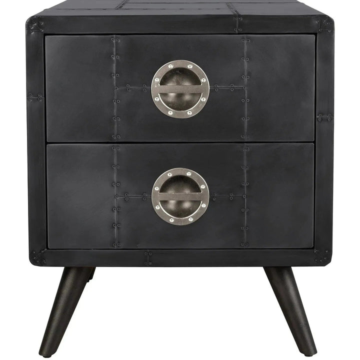 Industrial aluminium side table jetbrass with context.