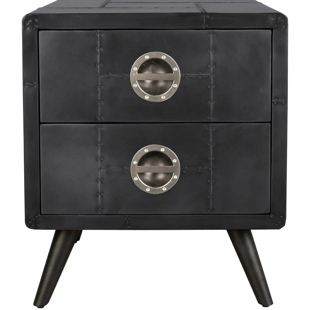 Industrial aluminium side table jetbrass with context.