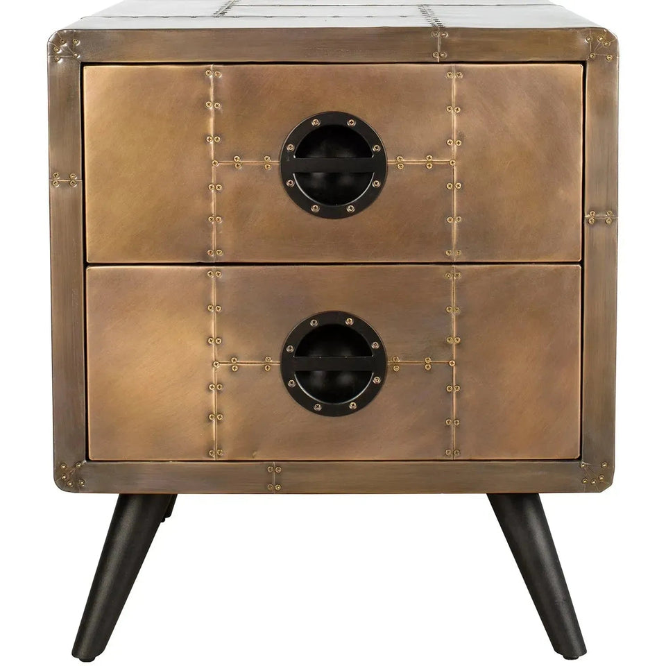 Industrial aluminium side table jetbrass in white background.