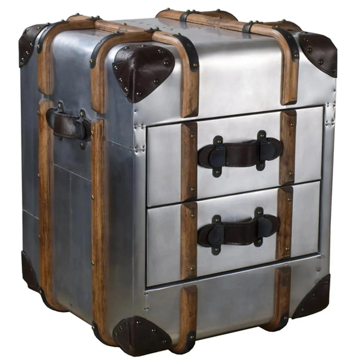 Industrial aluminium side table richards' trunk in white background.