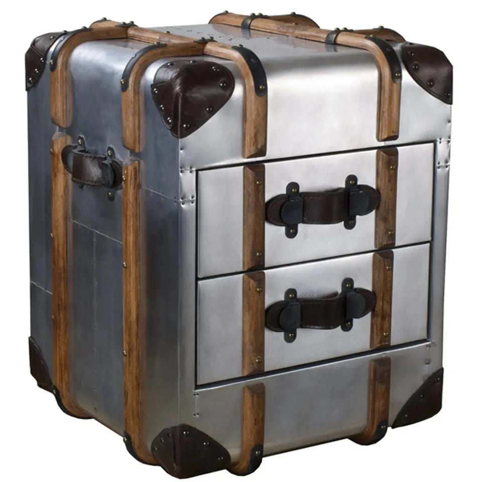 Industrial aluminium side table richards' trunk in white background.