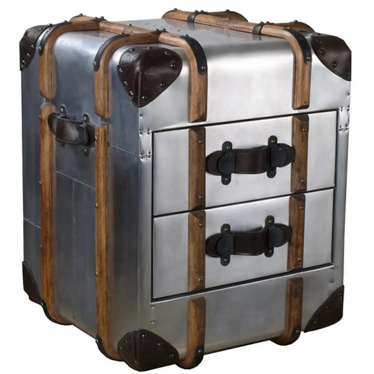Industrial aluminium side table richards' trunk in white background.