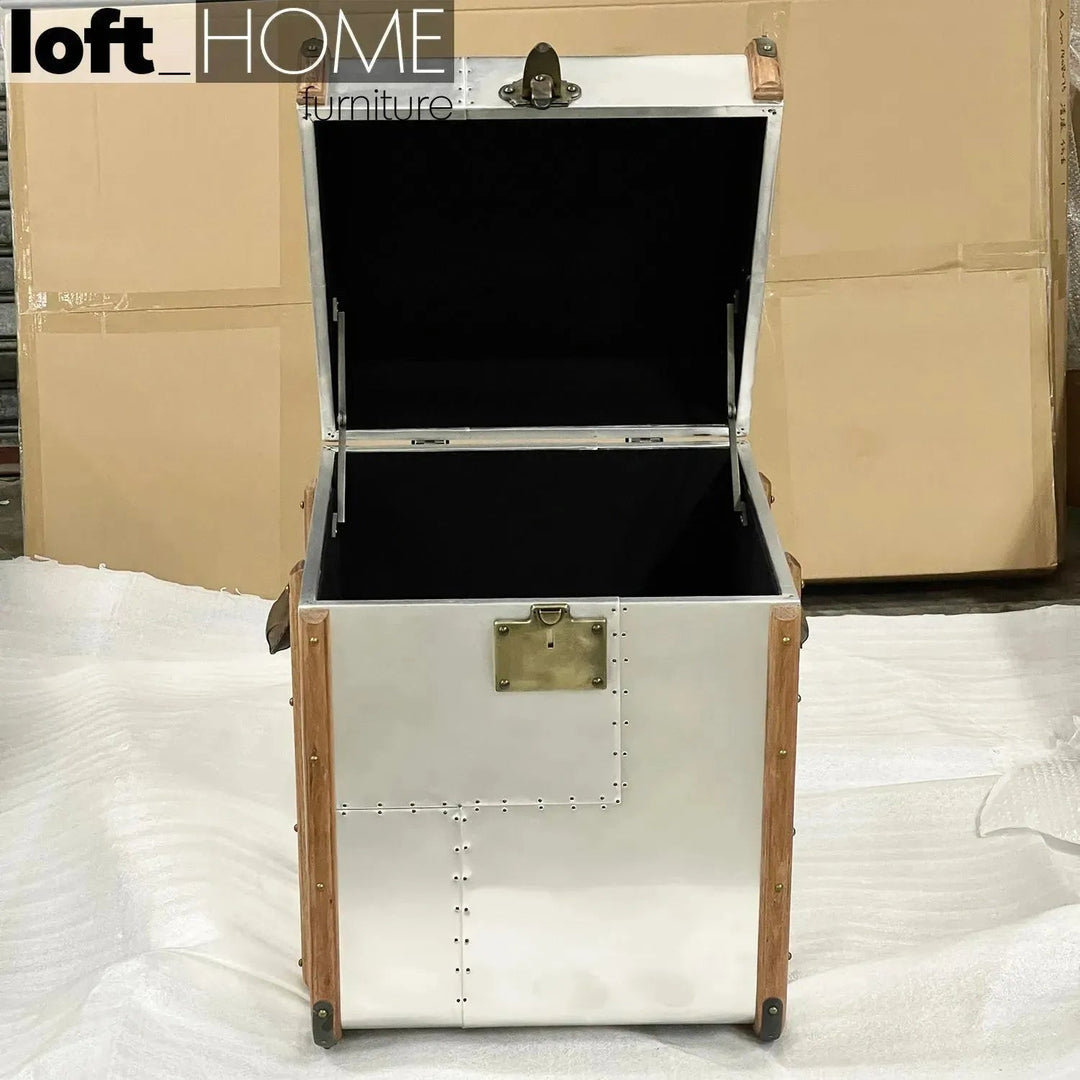 Industrial aluminium side table storage box richards' trunk s in panoramic view.