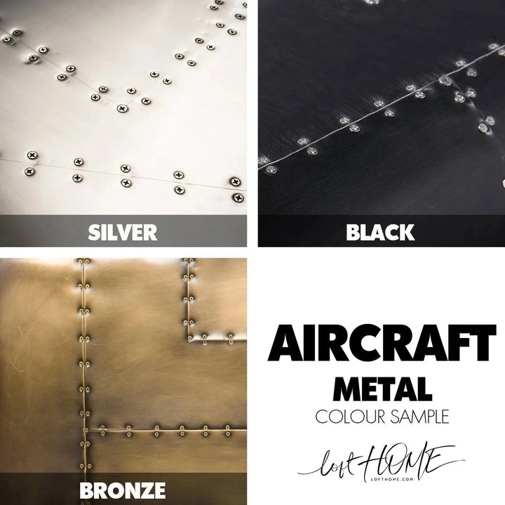 Industrial aluminium study table aircraft brass color swatches.