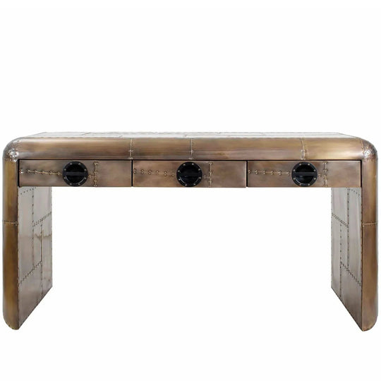 Industrial aluminium study table aircraft brass in white background.