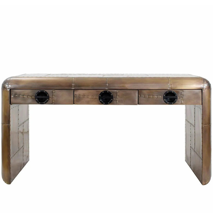 Industrial aluminium study table aircraft brass in white background.