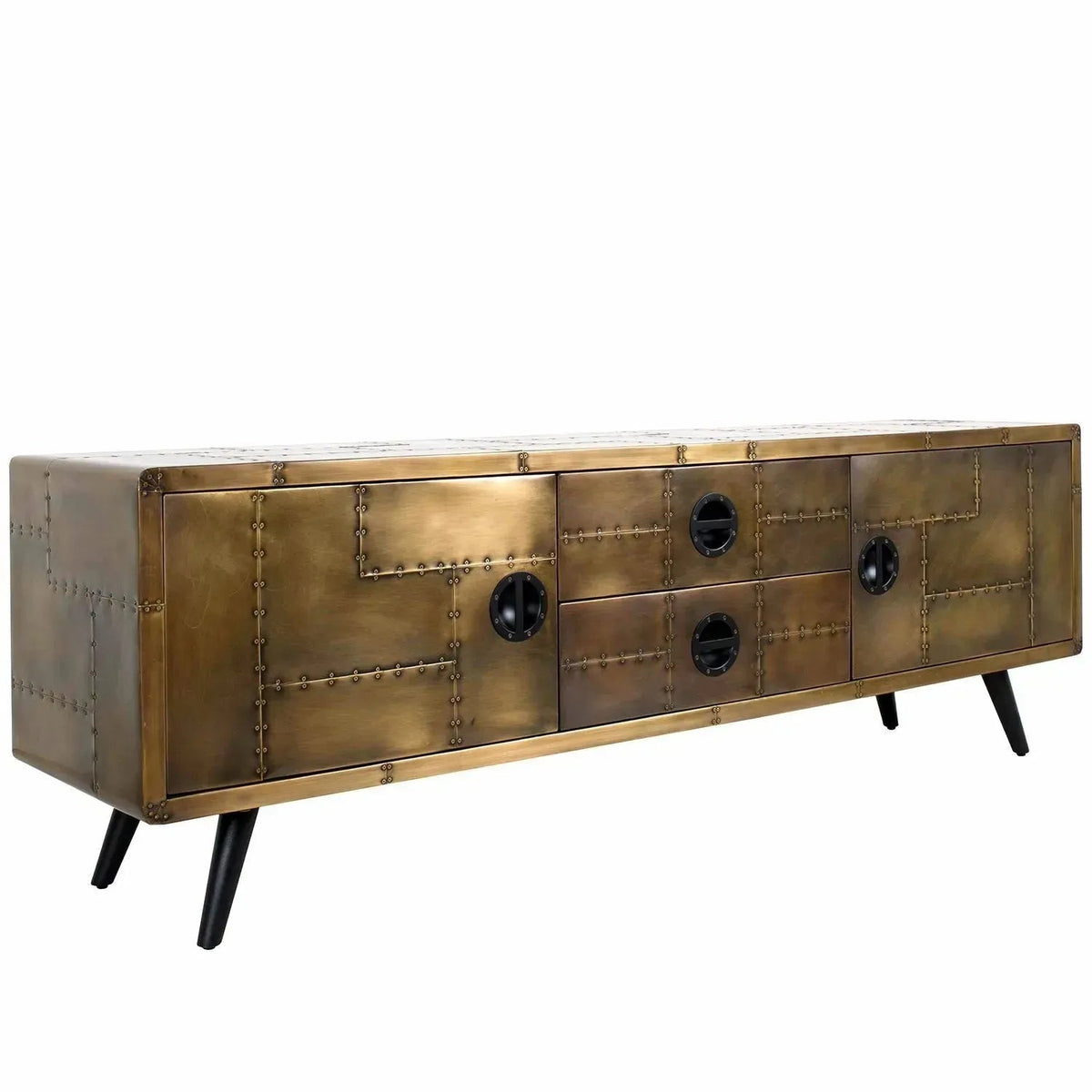 Industrial aluminium tv console jetbrass in real life style.