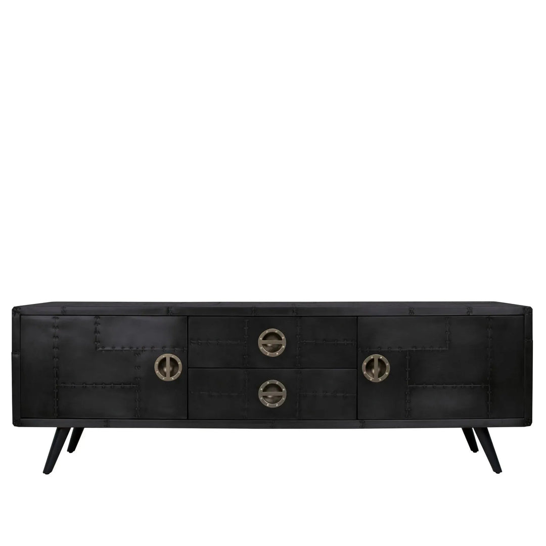 Industrial aluminium tv console jetbrass in close up details.