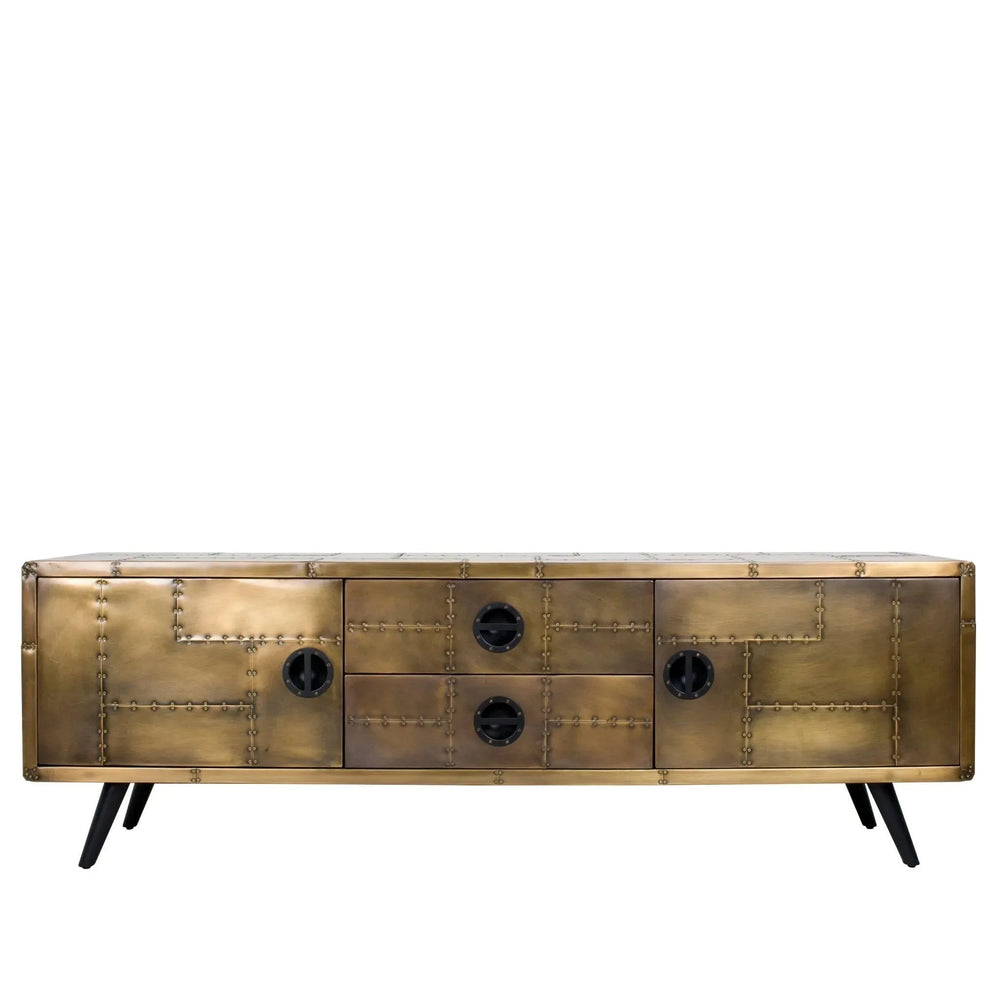 Industrial aluminium tv console jetbrass in white background.