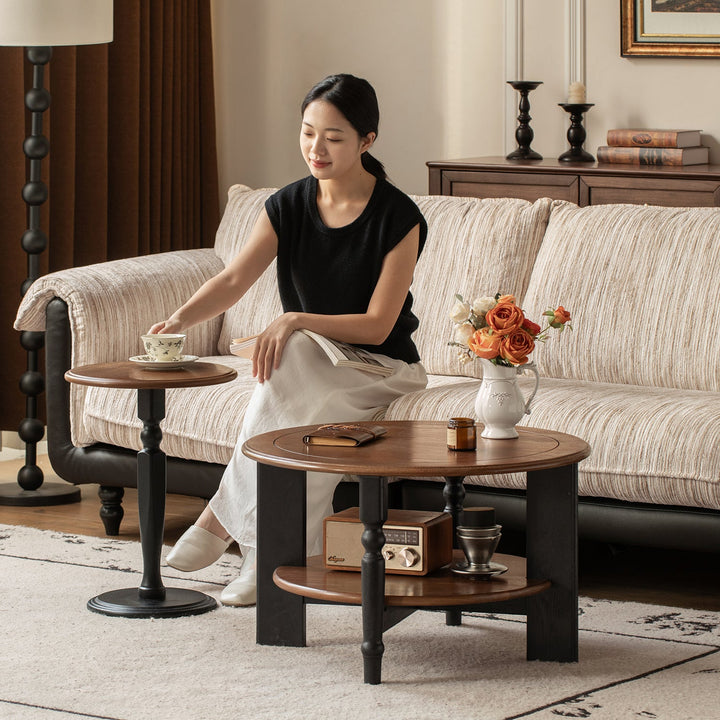 Vintage ash wood coffee table set mona in panoramic view.