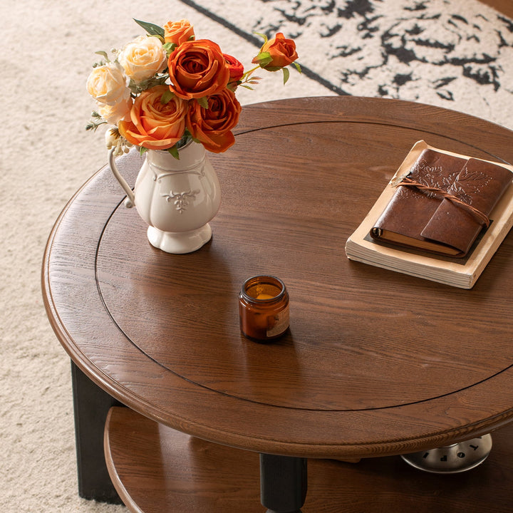 Vintage ash wood coffee table set mona in close up details.