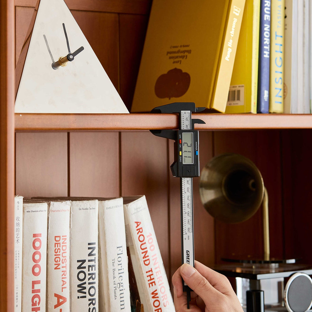 Vintage boxwood bookshelf vista in details.