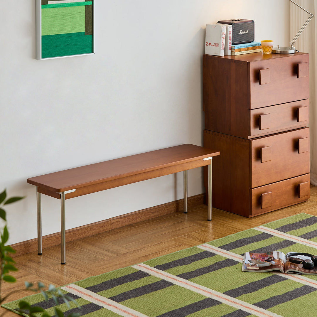 Bauhaus boxwood dining bench pinecone in close up details.