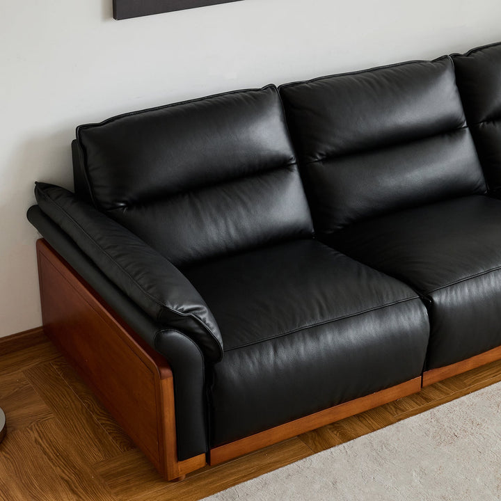 Vintage boxwood genuine leather electric recliner 3 seater sofa edgeless in close up details.