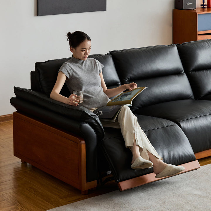 Vintage boxwood genuine leather electric recliner 4 seater sofa edgeless in panoramic view.