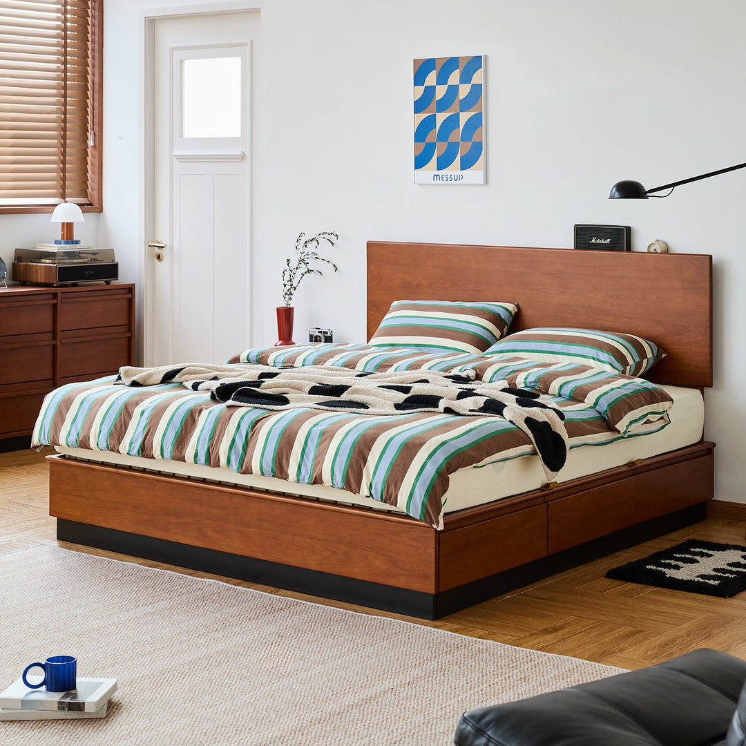 Vintage boxwood lift-up storage bed with drawer wheat field with context.