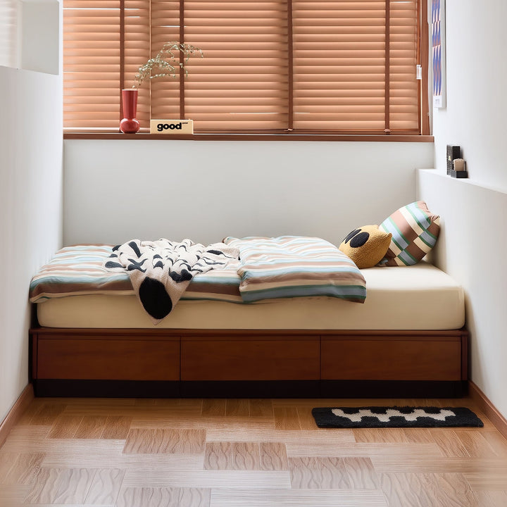 Vintage boxwood lift-up storage platform bed with drawer wheat field color swatches.