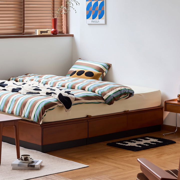 Vintage boxwood lift-up storage platform bed with drawer wheat field in real life style.