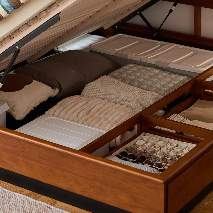 Vintage boxwood lift-up storage platform bed with drawer wheat field in details.