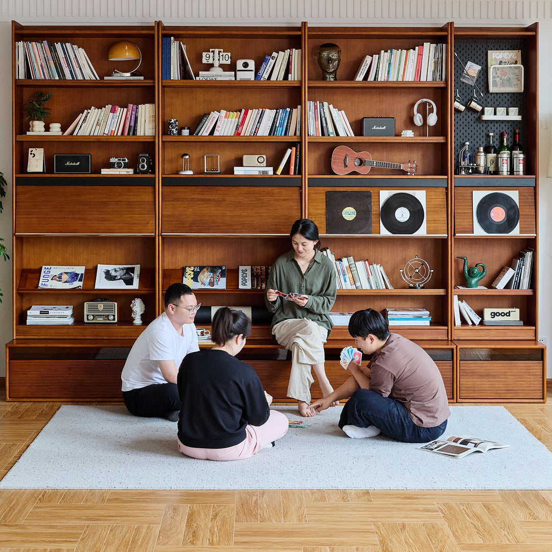 Vintage boxwood modular bookshelf mura in panoramic view.