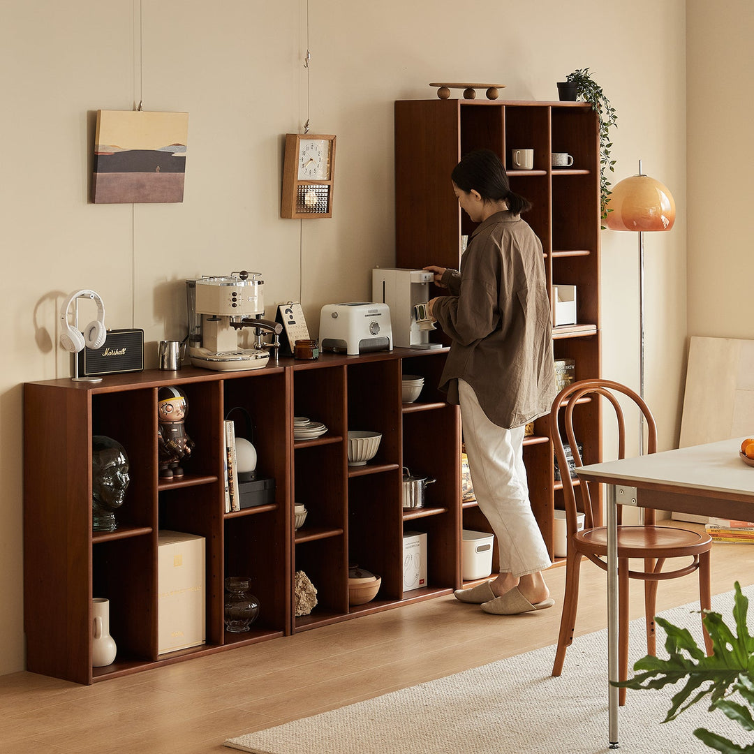 Vintage boxwood modular bookshelf n plus in panoramic view.