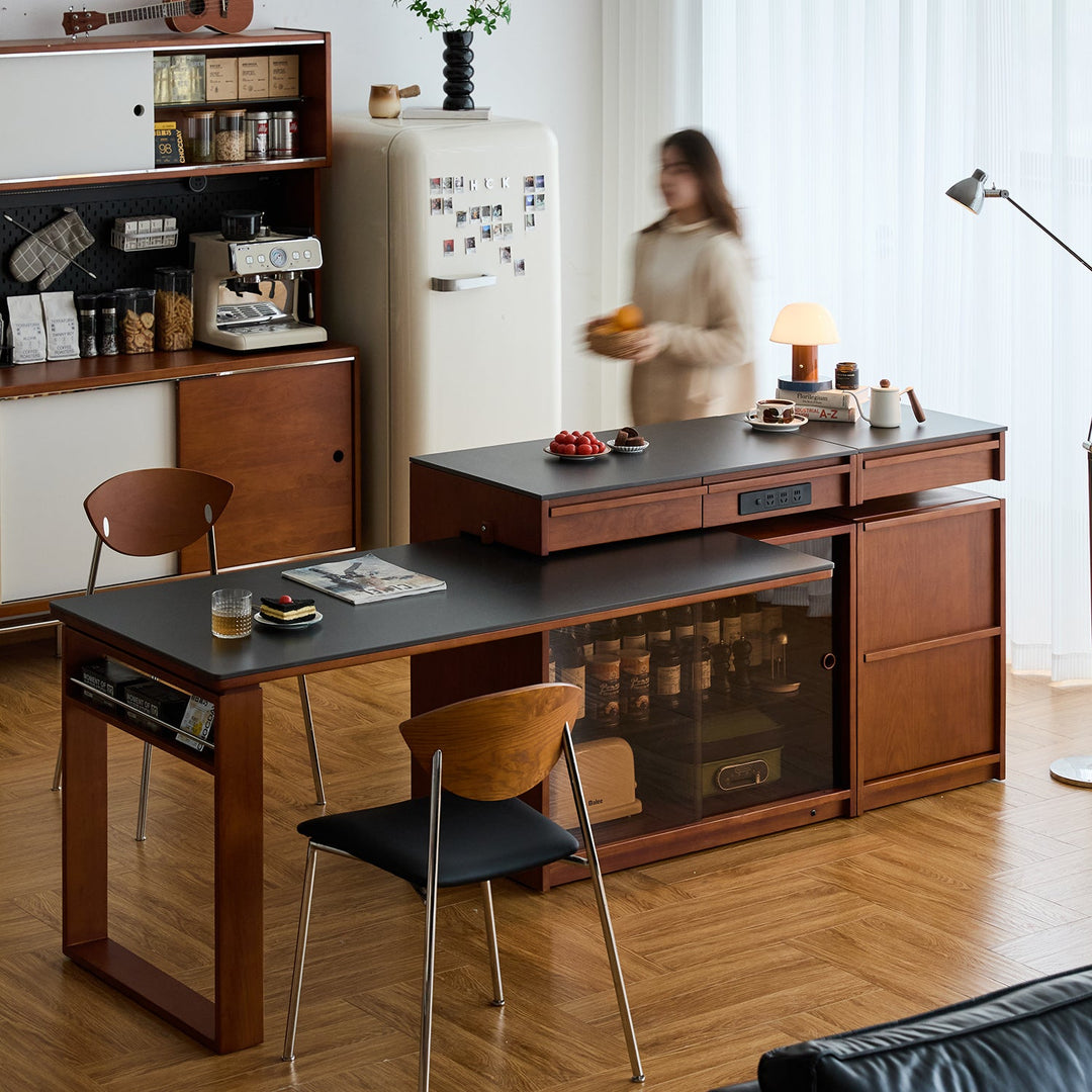 Vintage boxwood sintered stone extendable island dining table with cabinet skeletal primary product view.