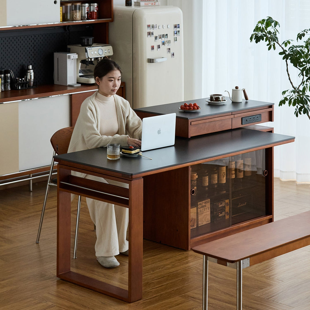 Vintage boxwood sintered stone extendable island dining table with cabinet skeletal situational feels.