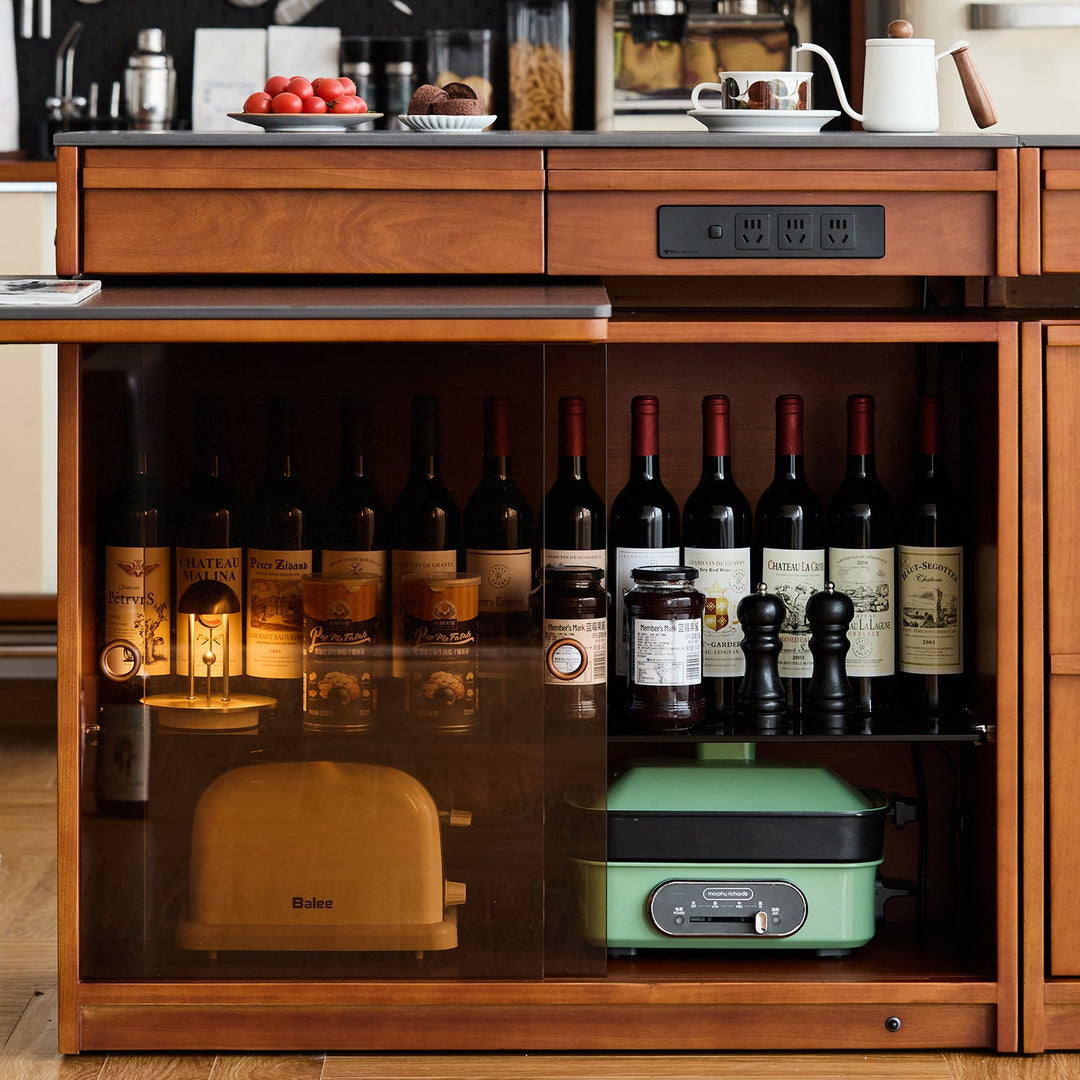 Vintage boxwood sintered stone extendable island dining table with cabinet skeletal with context.