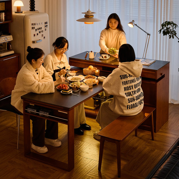 Vintage boxwood sintered stone extendable island dining table with cabinet skeletal in close up details.