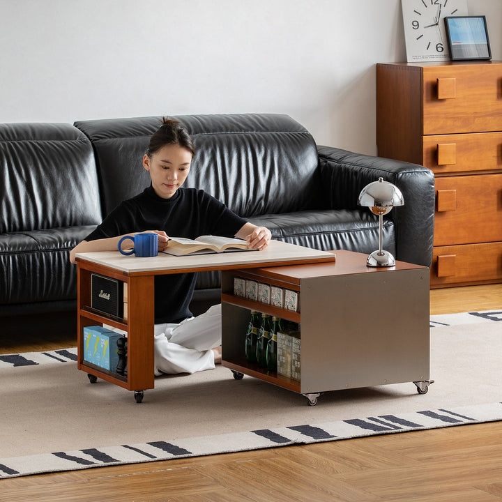 Vintage boxwood sintered stone lift-up coffee table silver wing in still life.