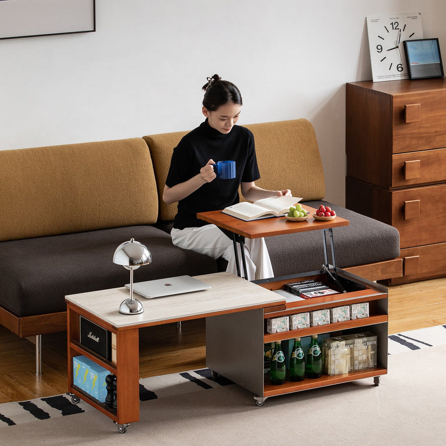 Bauhaus boxwood sintered stone lift-up coffee table silver wing primary product view.