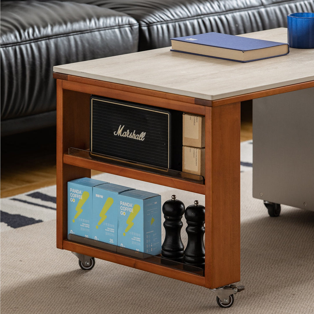 Bauhaus boxwood sintered stone lift-up coffee table silver wing in details.