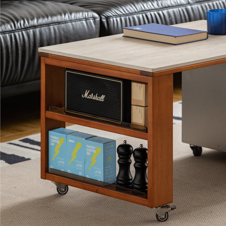 Bauhaus boxwood sintered stone lift-up coffee table silver wing in details.