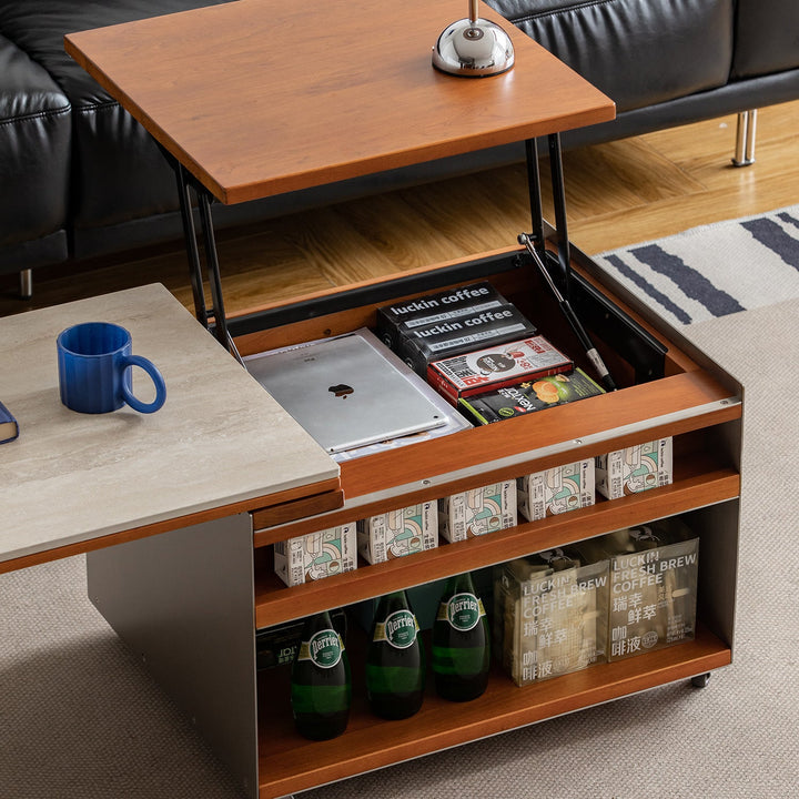 Vintage boxwood sintered stone lift-up coffee table silver wing in close up details.