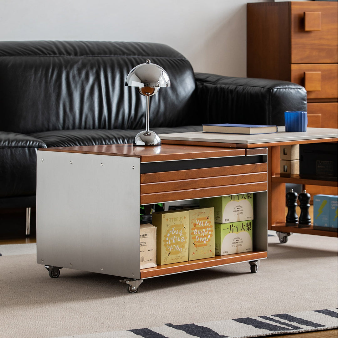 Vintage boxwood sintered stone lift-up coffee table silver wing in panoramic view.