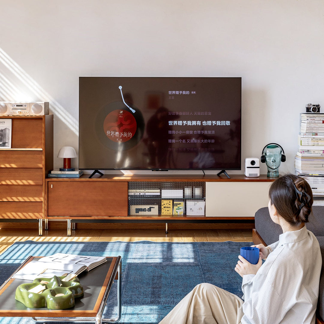 Bauhaus boxwood tv console pinecone with context.