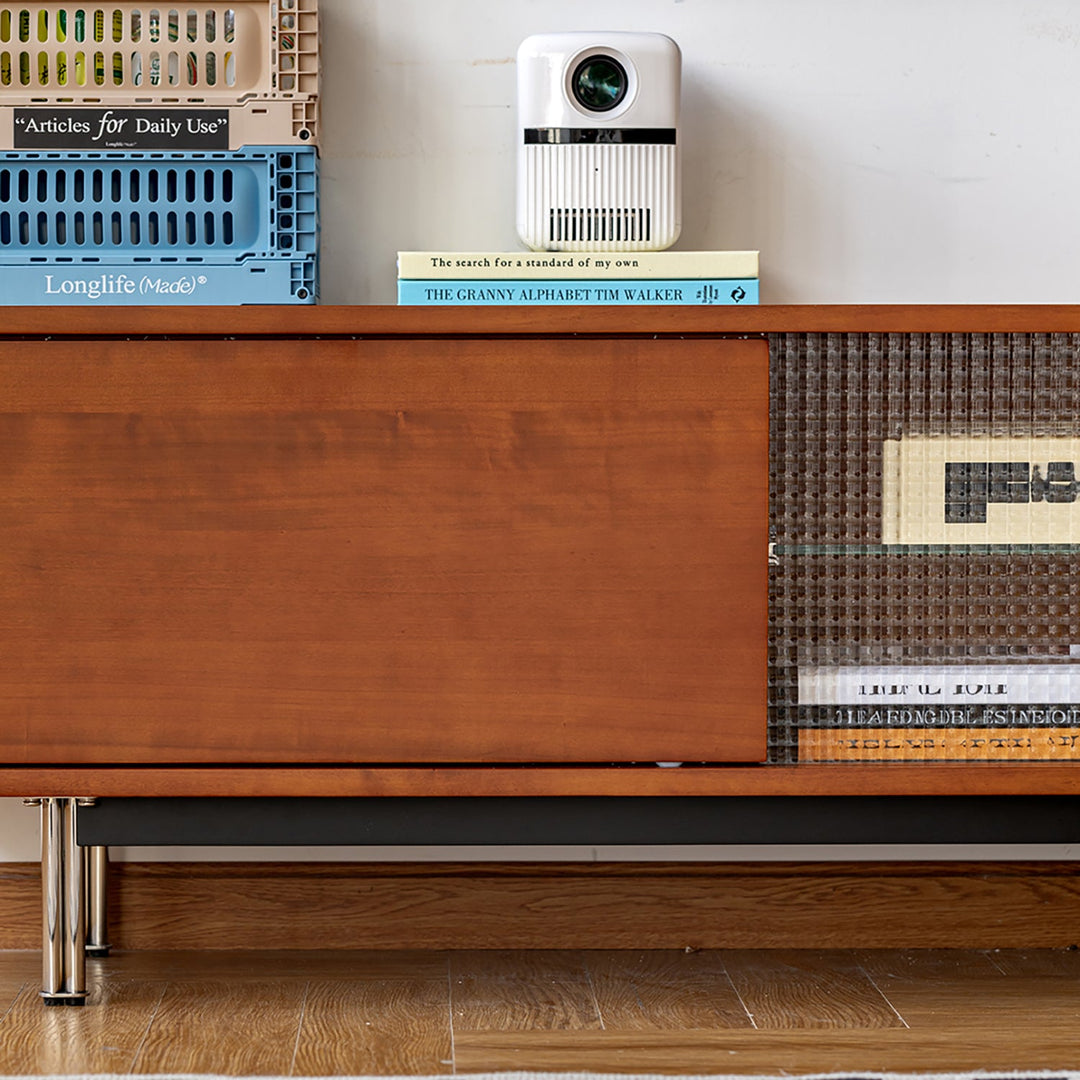 Bauhaus boxwood tv console pinecone in close up details.