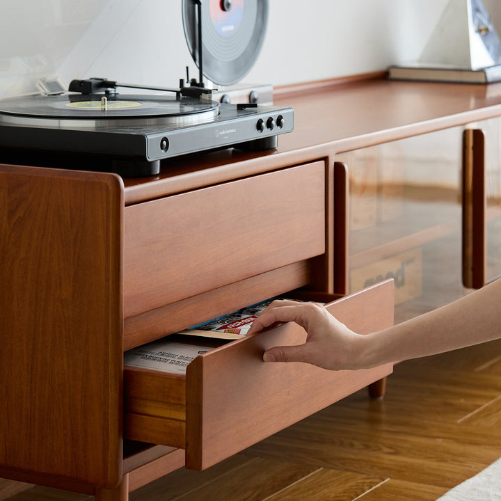 Vintage boxwood tv console vista with context.