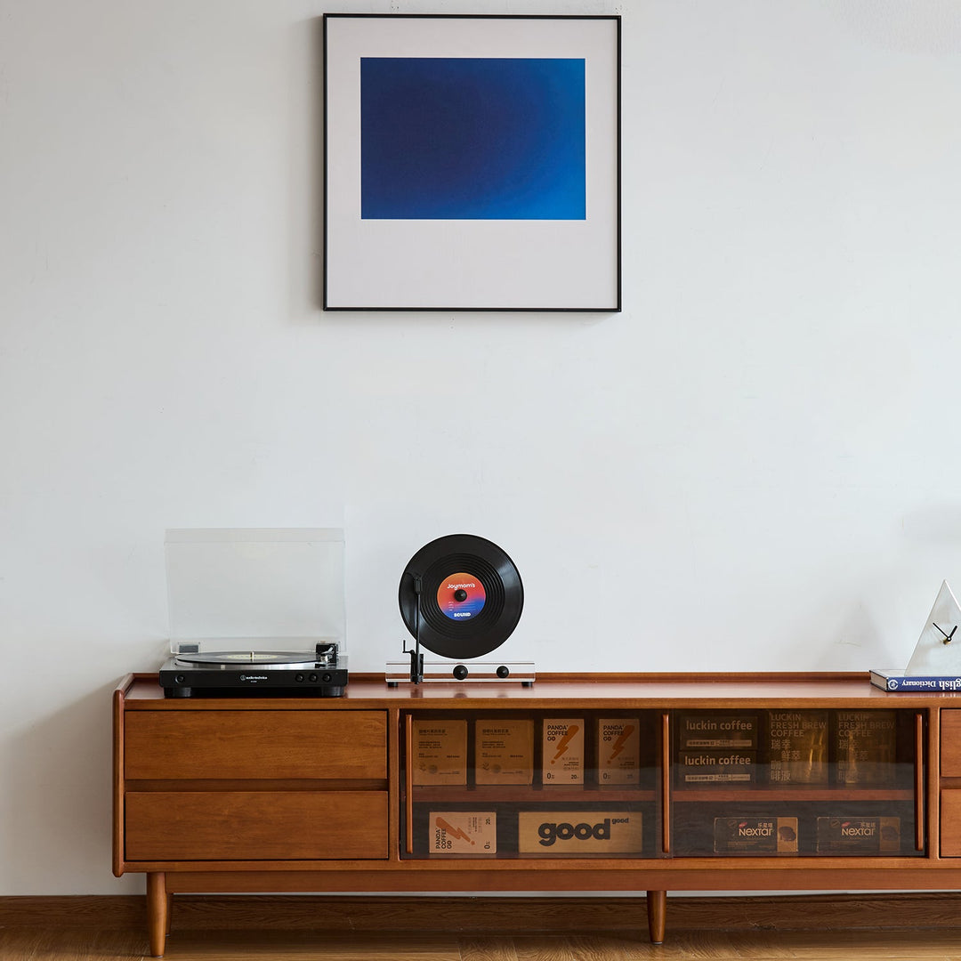 Vintage boxwood tv console vista in panoramic view.