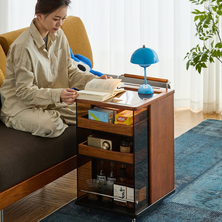 Bauhaus boxwood wheeled trolley side table moonrise with context.