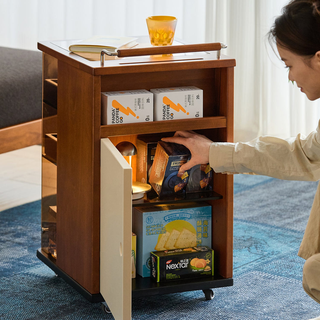 Bauhaus boxwood wheeled trolley side table moonrise in panoramic view.