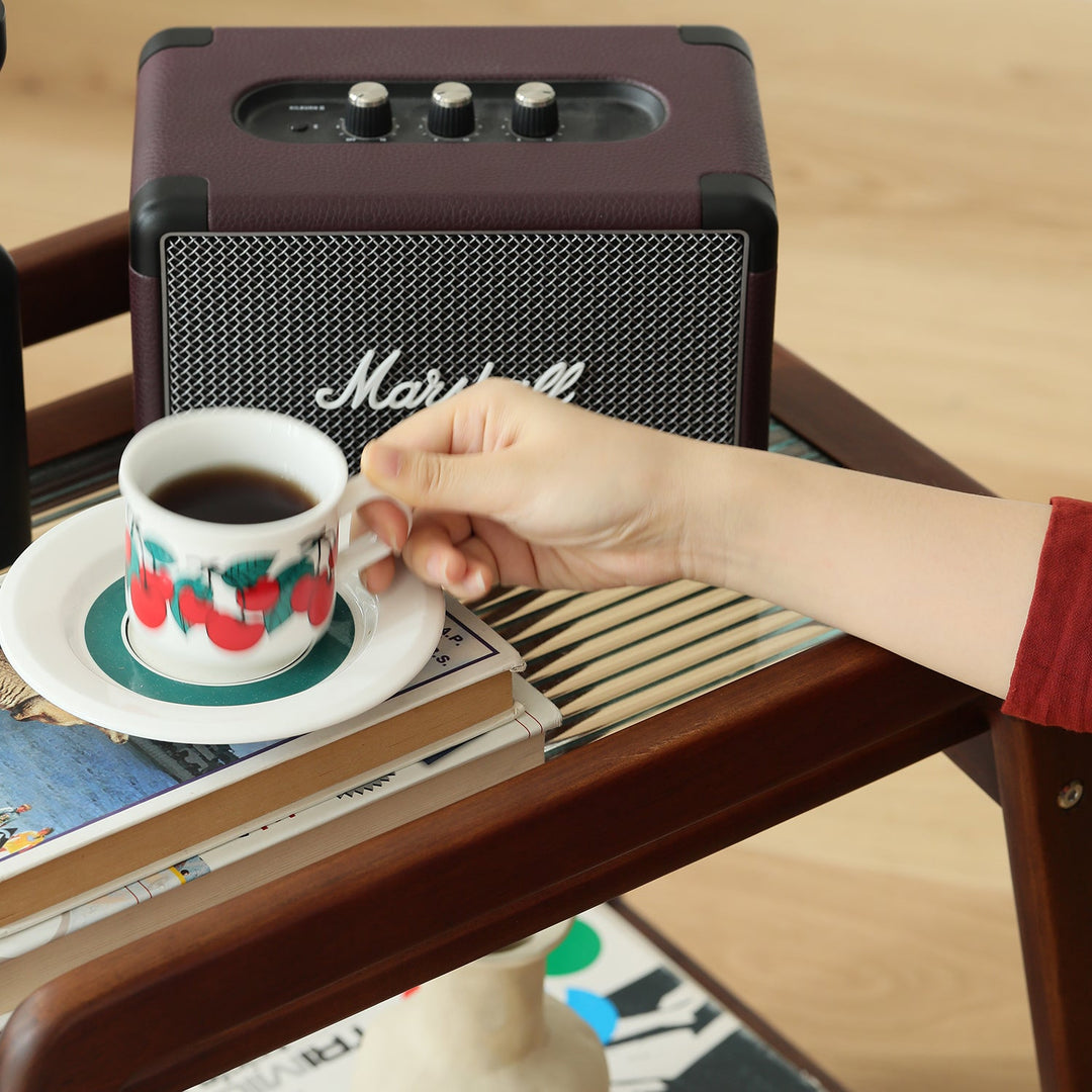 Vintage boxwood wheeled trolley side table yoyo in real life style.